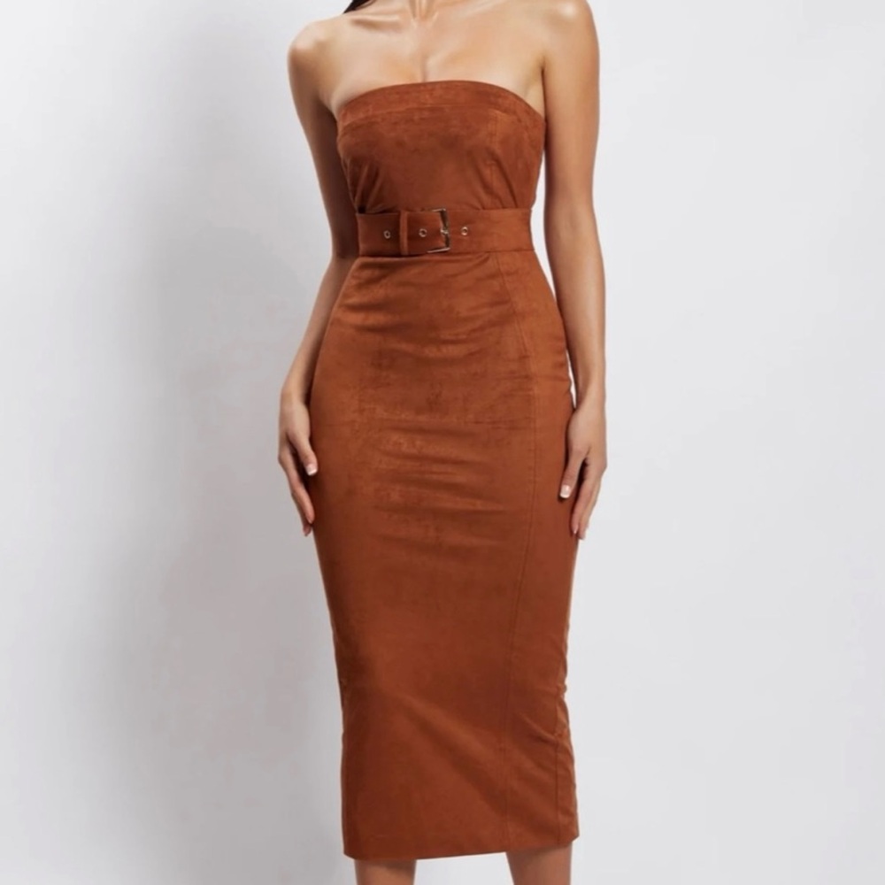 Meshki Bella Suede Belted Midi Dress-Tan